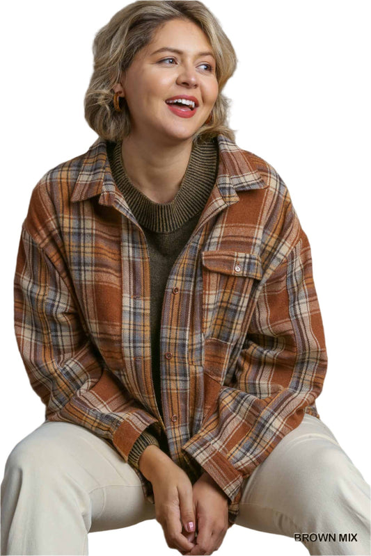 Plaid Collar Button Down Overshirt With Front Pockets - Nova Store