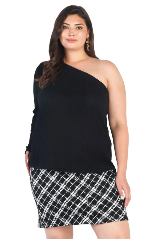 Plus Black Ribbed One Shoulder Top - Nova Store