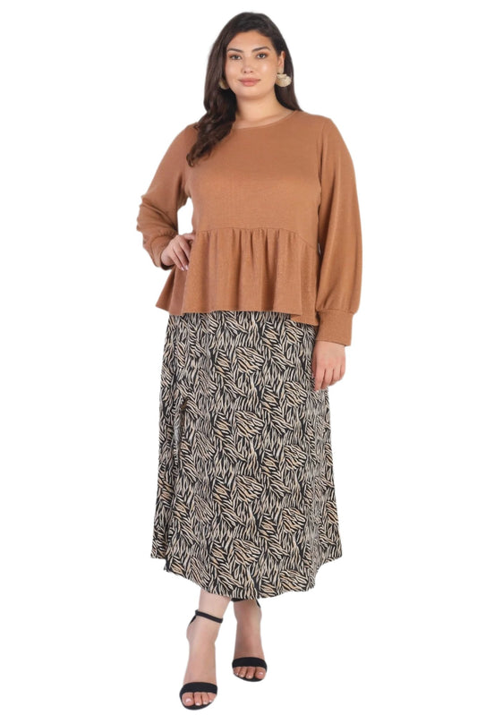 Plus Caramel Waffle Knit Back Button Detail Long Sleeve Top - Nova Store