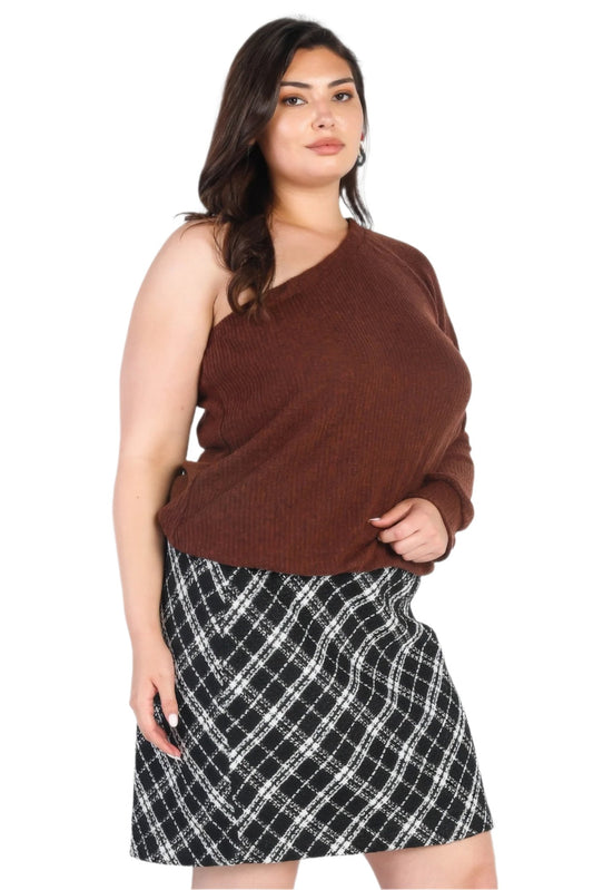 Plus Brown Ribbed Textured One Shoulder Top - Nova Store