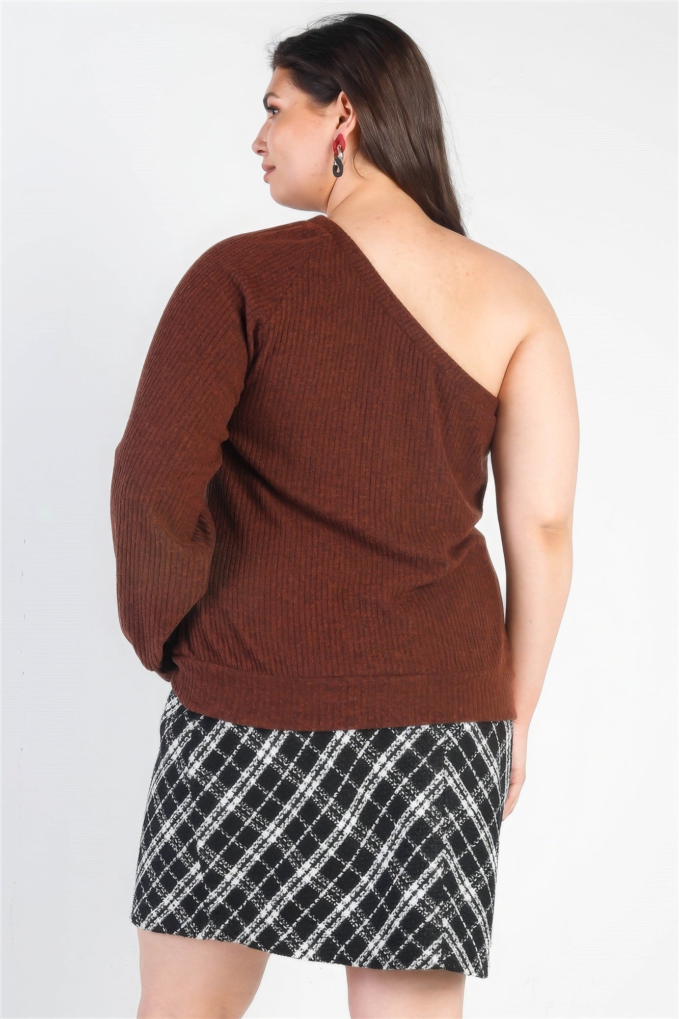 Plus Brown Ribbed Textured One Shoulder Top - Nova Store