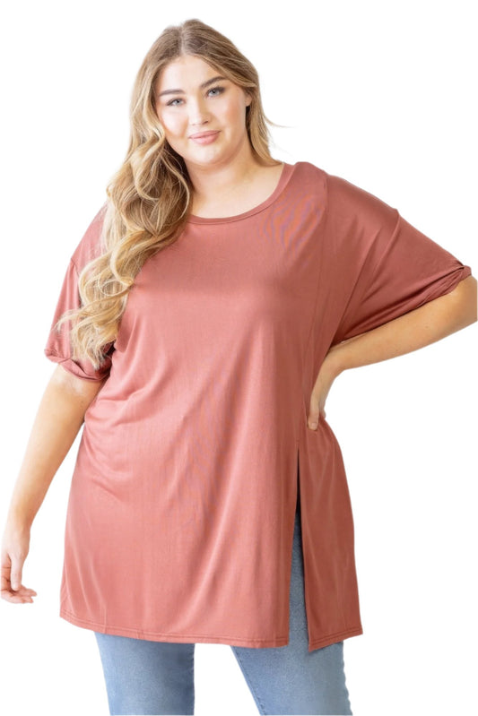Plus Brick Round Neck Short Sleeve Relax Top - Nova Store