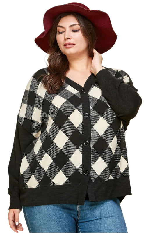 Plus Size Buffalo Plaid Knit Button Up Oversize Cardigan - Nova Store