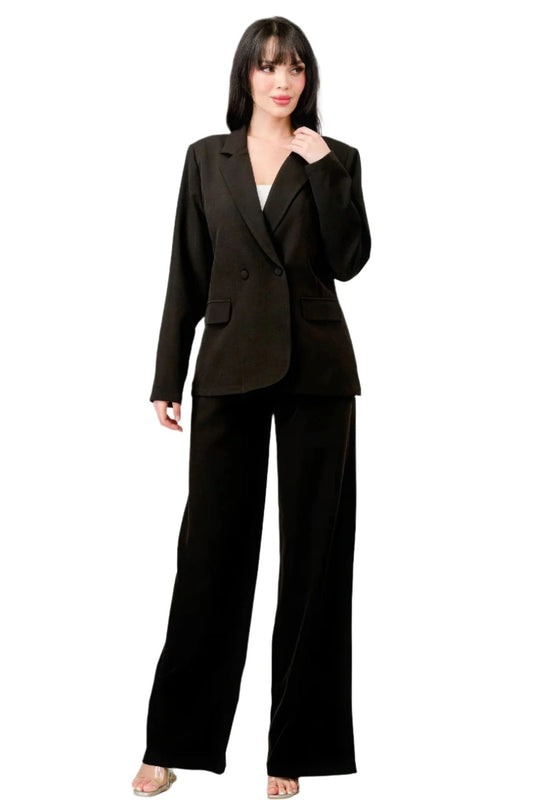 Luxe Blazer and Pants Set - Luxe Stretch Woven Loose Fit Blazer and Wide Legs Pants Semi Formal Set