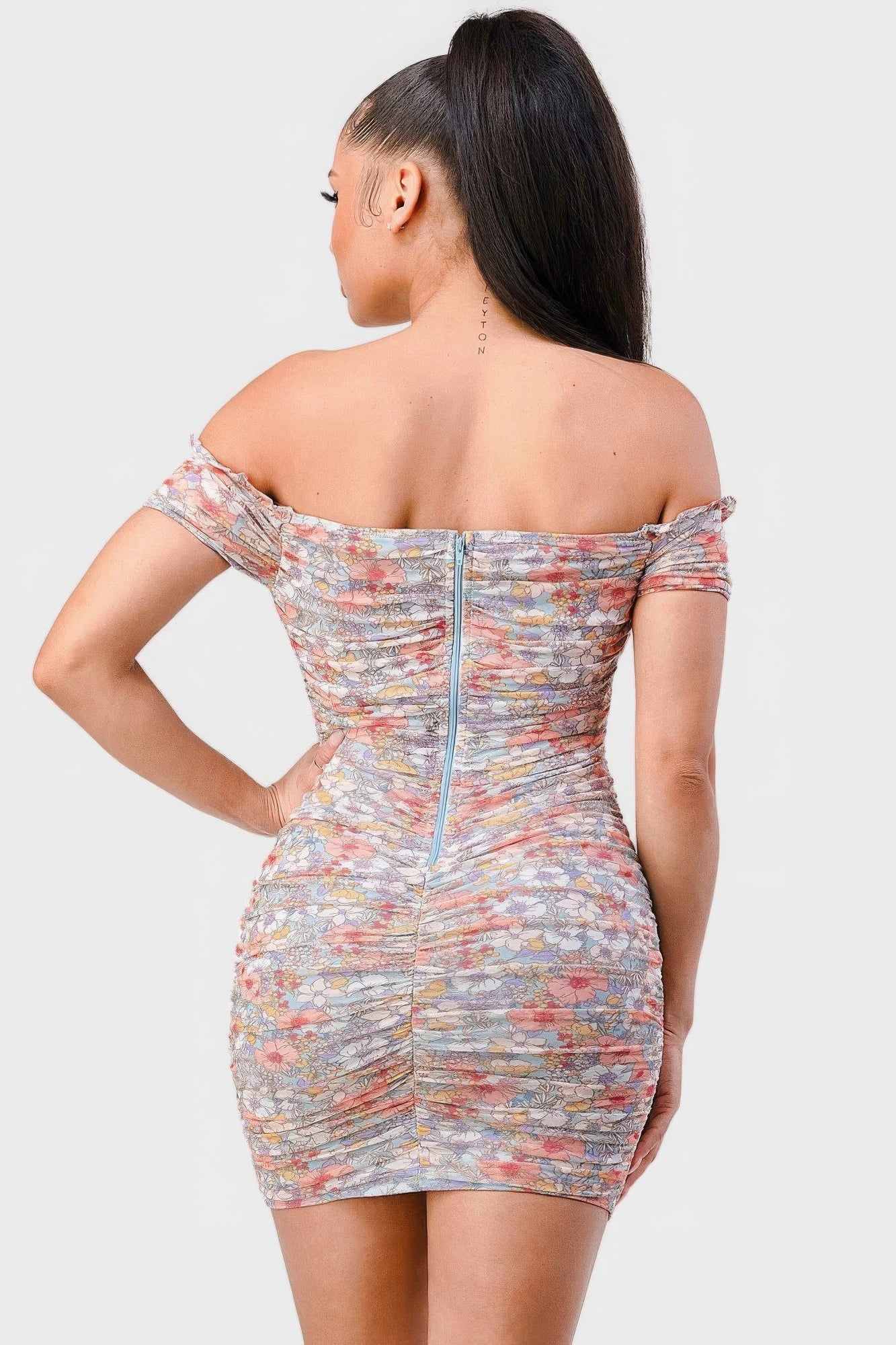 Floral Print Mini Dress - Ruffled Off Shoulder Ruched Mini Dress with Sweetheart Neckline