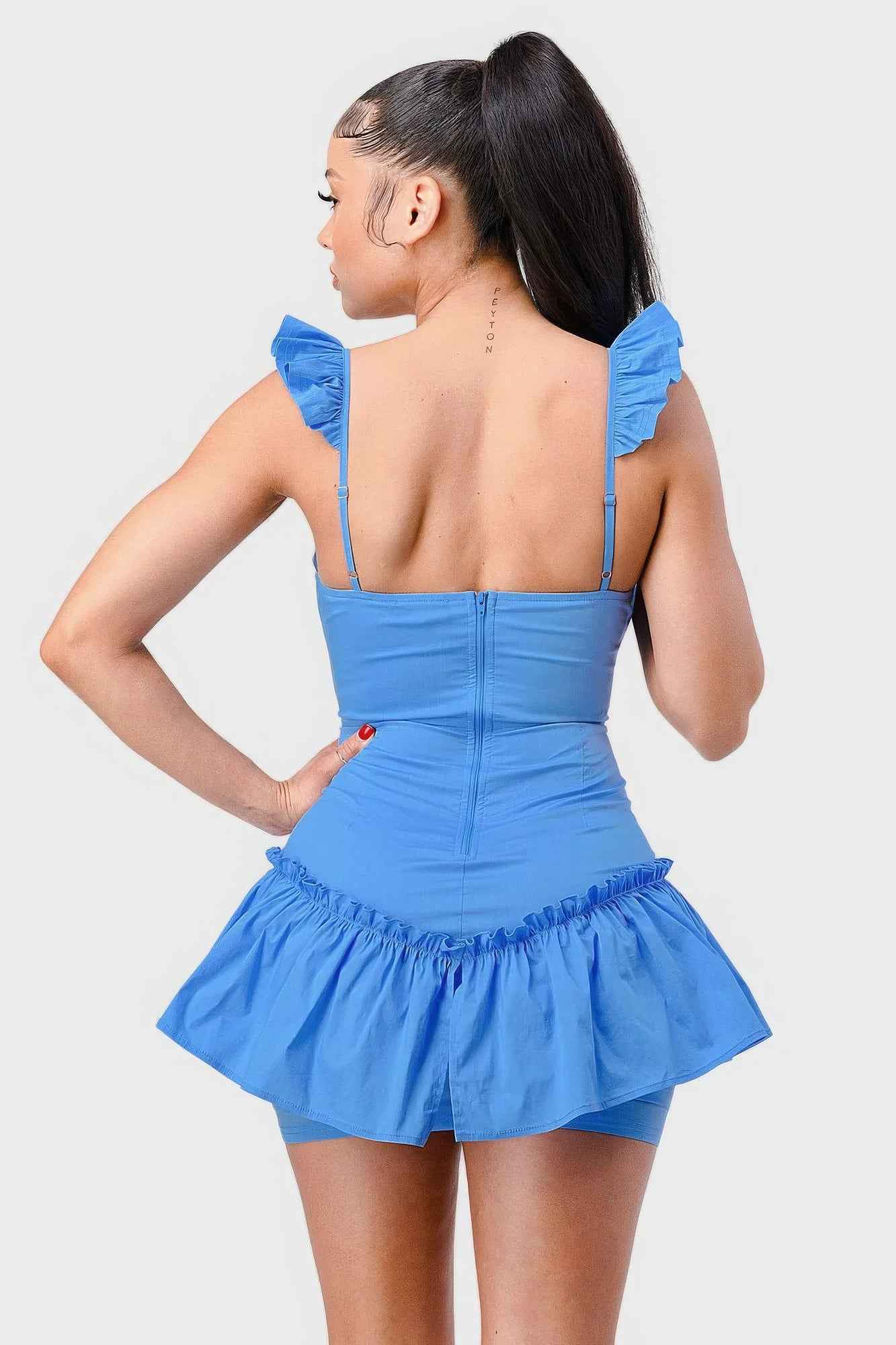 Sweetheart Mini Dress with Drawstring Bow Cutout Ruffled Flutter Sleeves