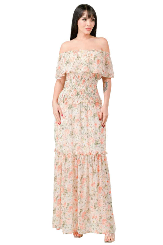 Floral Off Shoulder Maxi Dress with Smocked Back and Ruffled Tiered Design