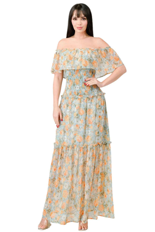 Floral Off Shoulder Maxi Dress with Smocked Back and Ruffled Tiered Design