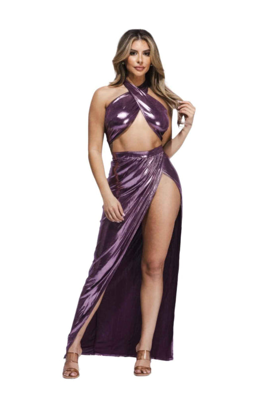 Foil Surplice Halter Top Maxi Skirt with Opened Design