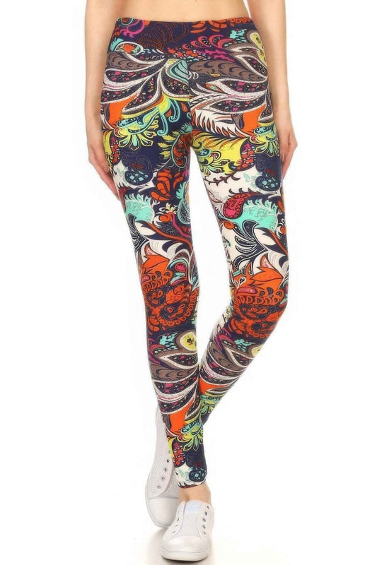 Yoga Banded Multicolored Leggings - Full Length Lined Paisley Print