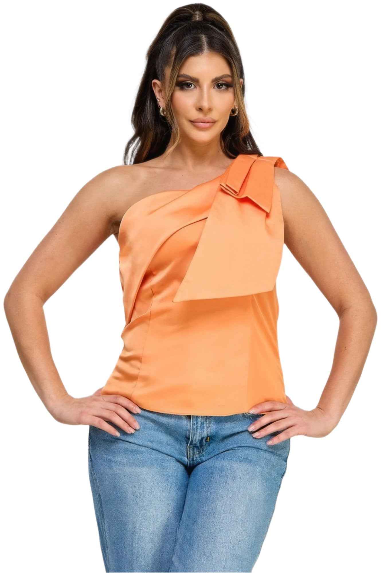 One Shoulder Fitted Top with Bow Tie Detail