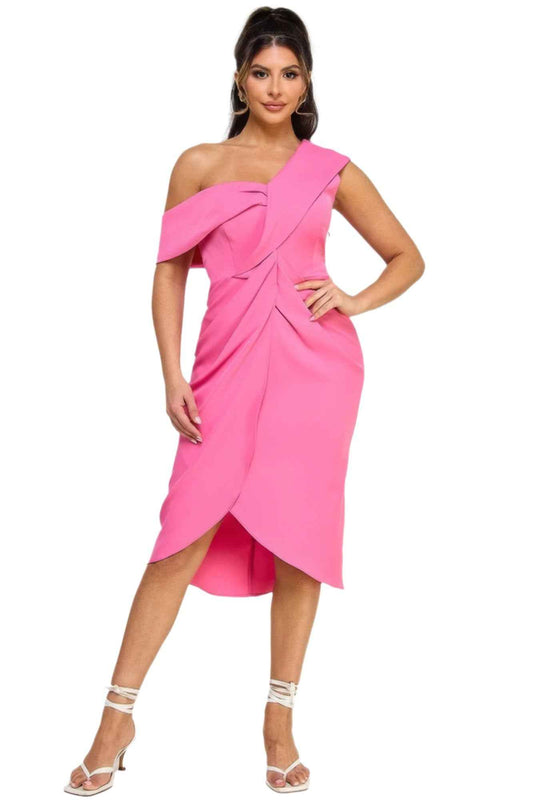Off Shoulder Midi Dress with Twist Front and Tulip Skirt