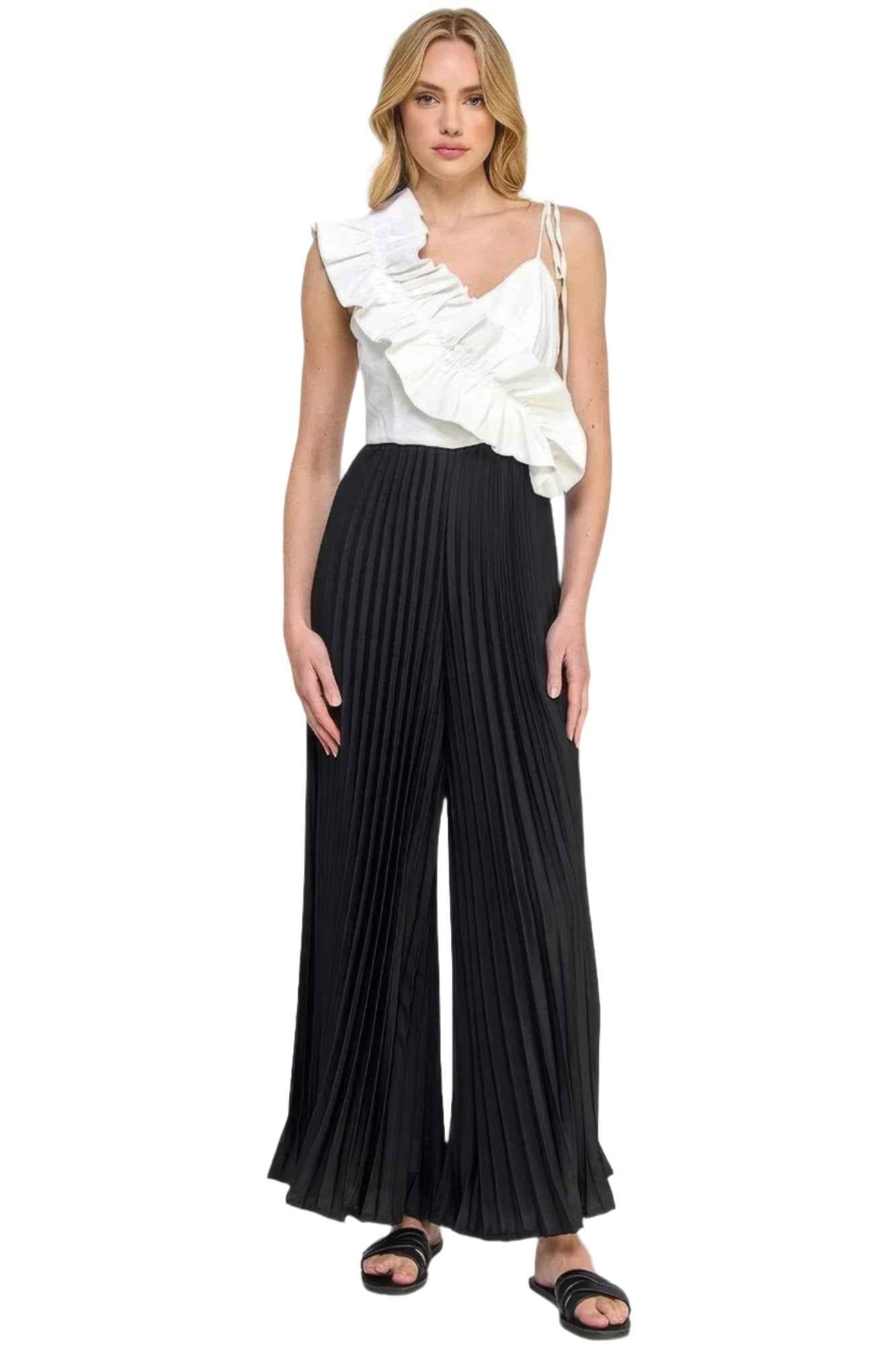 Cami Asymmetrical Ruffle Jumpsuit with Pleated Bottom Detail