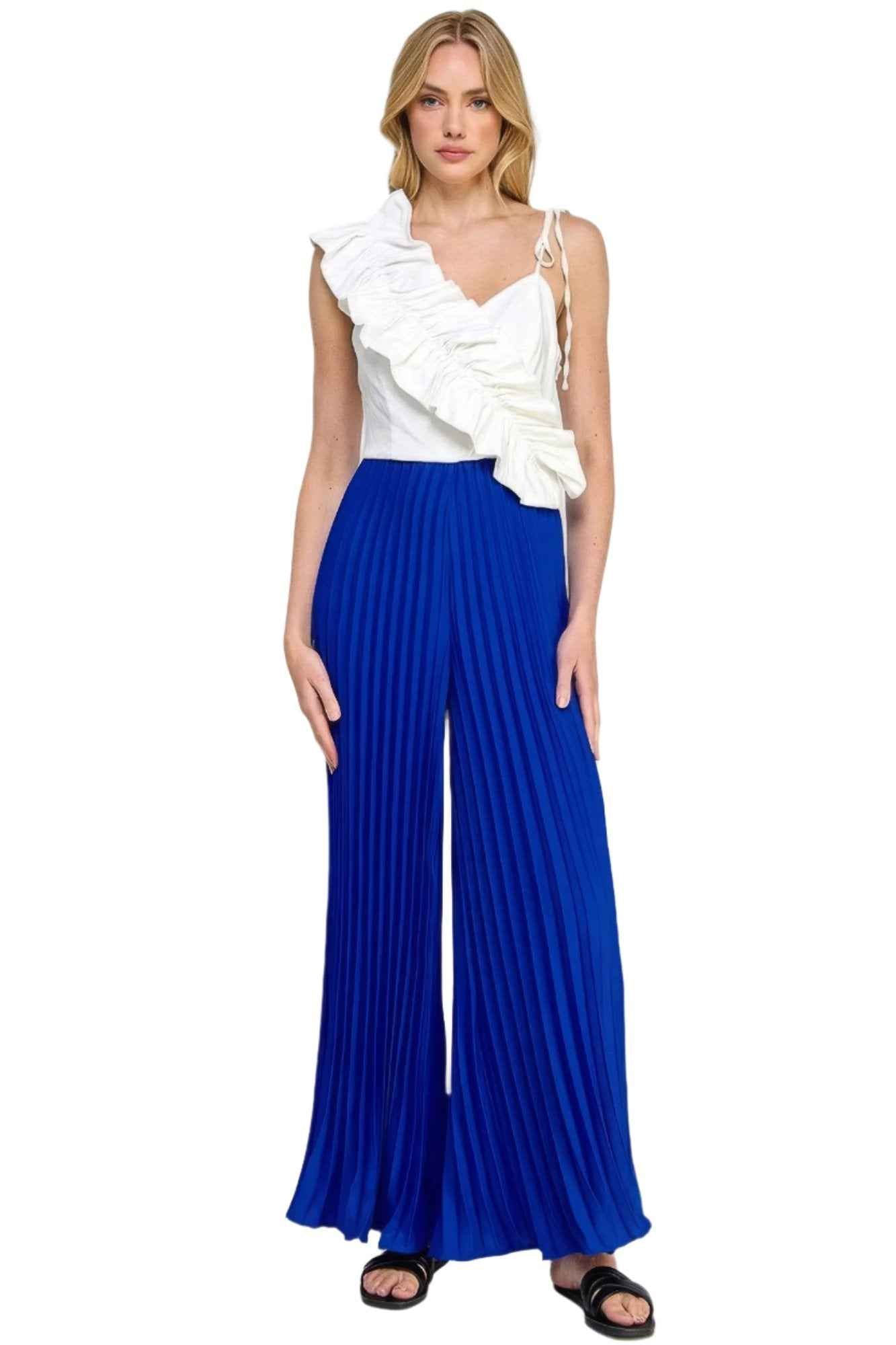 Cami Asymmetrical Ruffle Jumpsuit with Pleated Bottom