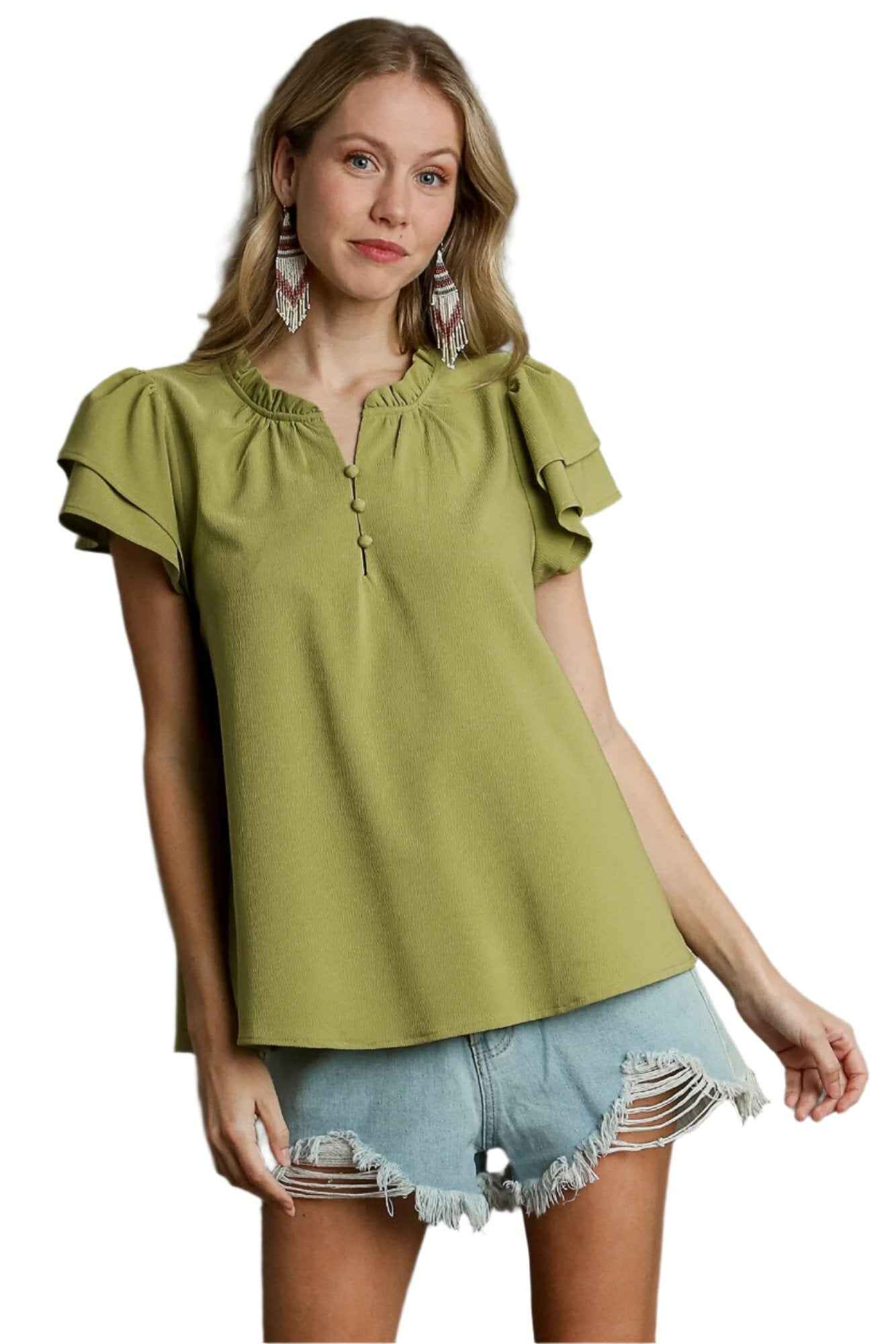Boxy Cut Ruffle Neckline Top with Faux Buttons and Short Layered Sleeves