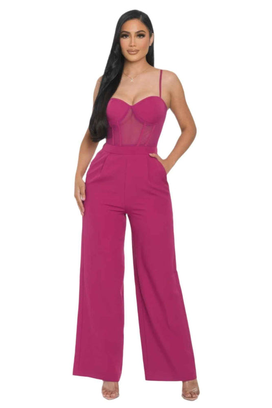 Mesh Insert Wide Leg Jumpsuit for Stylish Elegance