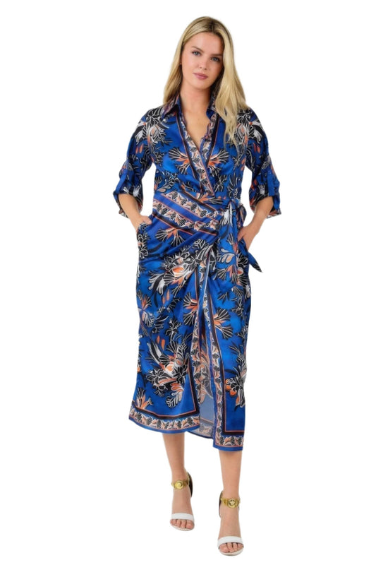 Wrap Front 3/4 Sleeve Printed Dress - Nova Store