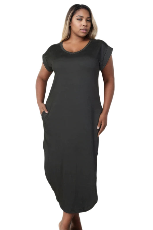 Plus Size Hidden Pocket Batwing Sleeve V Neck Long Dress - Nova Store