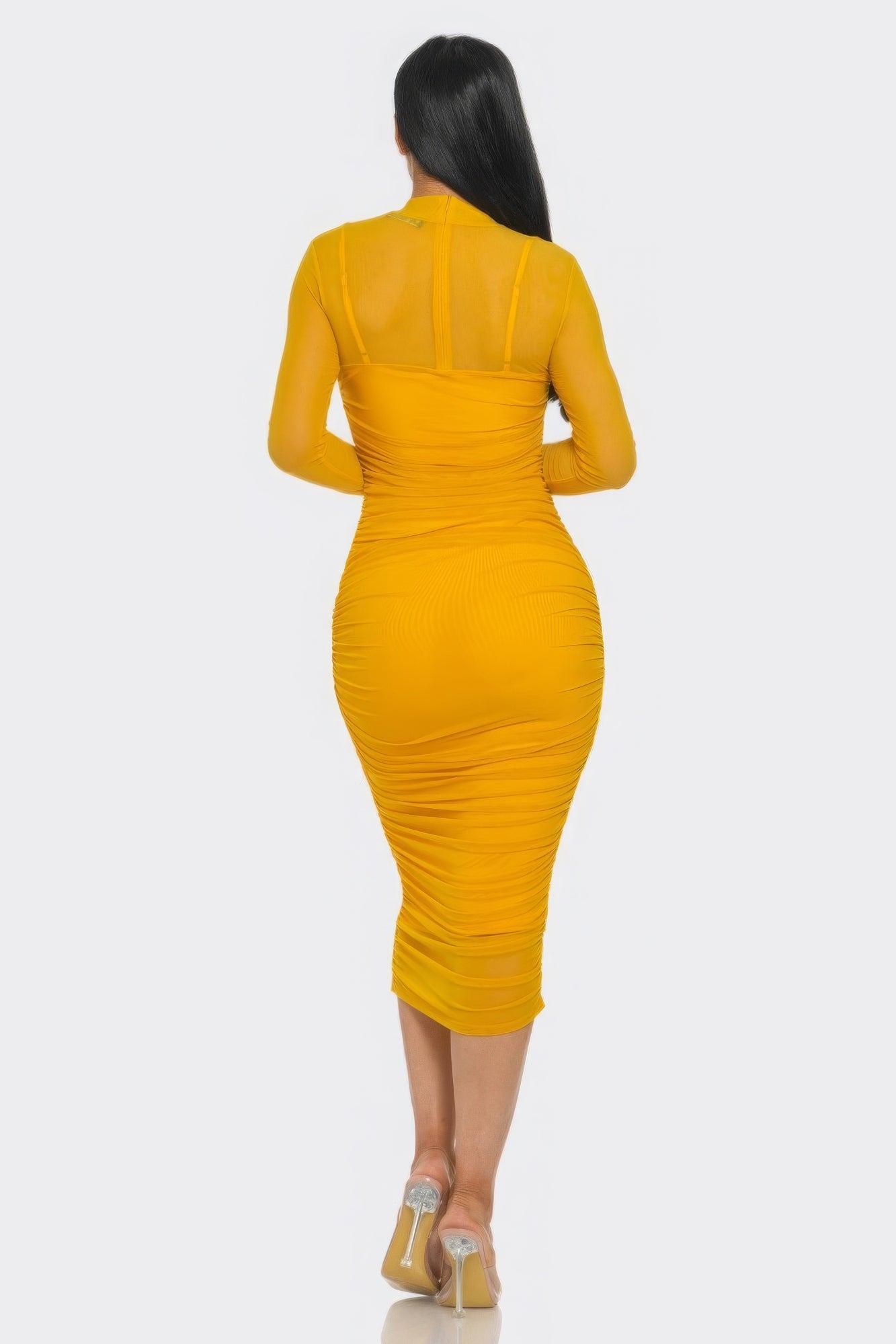 Solid Mesh Ruched Midi Dress - Nova Store