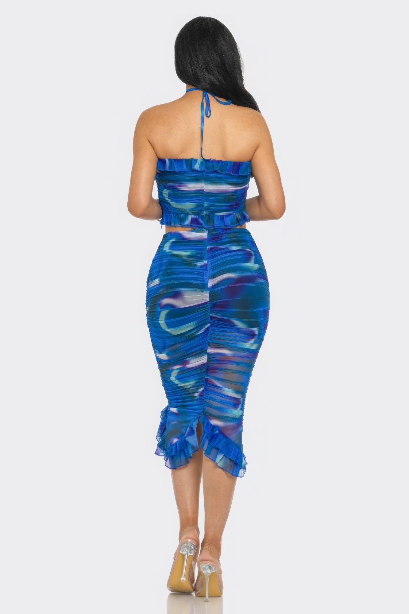 Tropical Waters Print Mesh Ruffle Halter Skirt Set - Nova Store