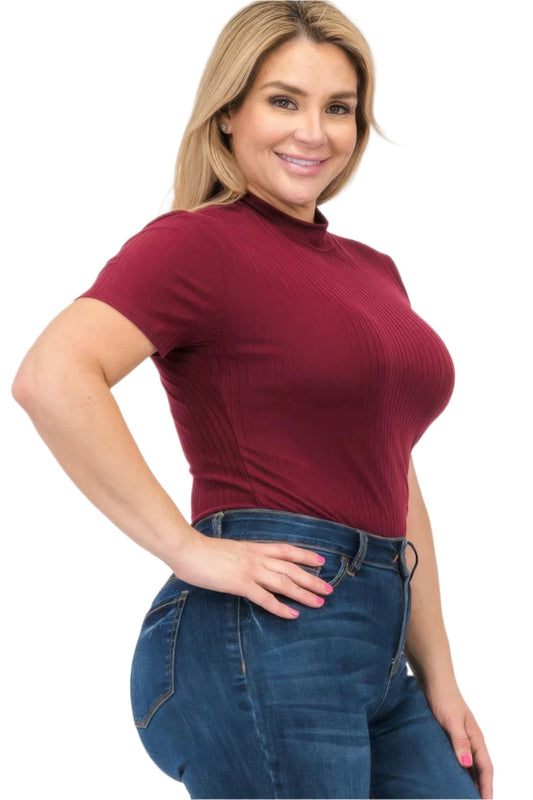 Plus Size Ribbed Short Sleeve Bodysuit - Nova Store