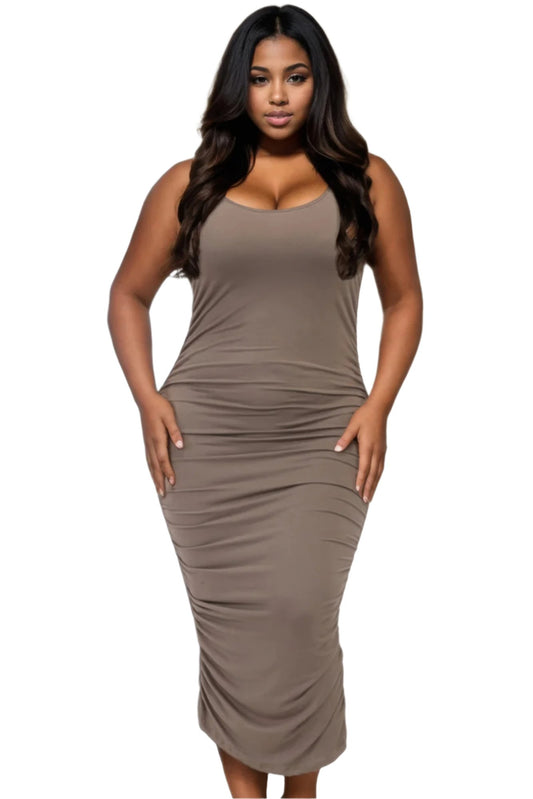 Plus Size Square Neck Ruched Bodycon Midi Dress - Nova Store