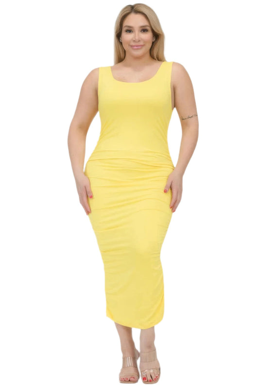 Plus Size Square Neck Ruched Bodycon Midi Dress - Nova Store