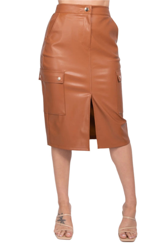 Brown Cargo Skirt | Brown Faux Leather Skirt | Nova Store