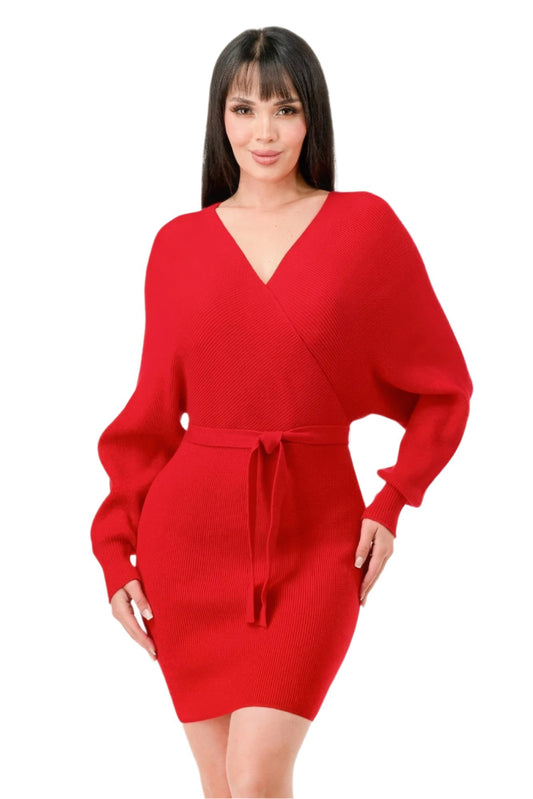 Off Shoulder Wrap Belted Ribbed Sweather Dress - Nova Store