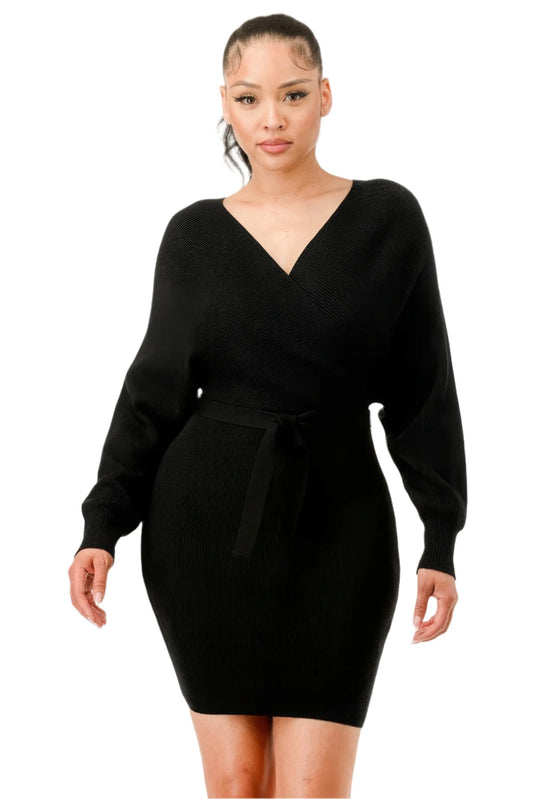 Off Shoulder Wrap Belted Ribbed Sweather Dress - Nova Store
