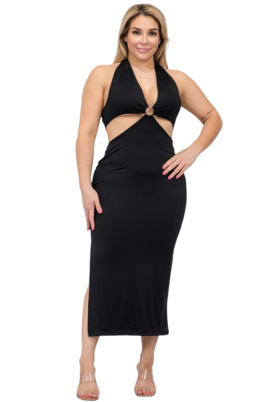 Plus Size Cut-out Halter Neck Double Back Tie Split Thigh Midi Dress - Nova Store