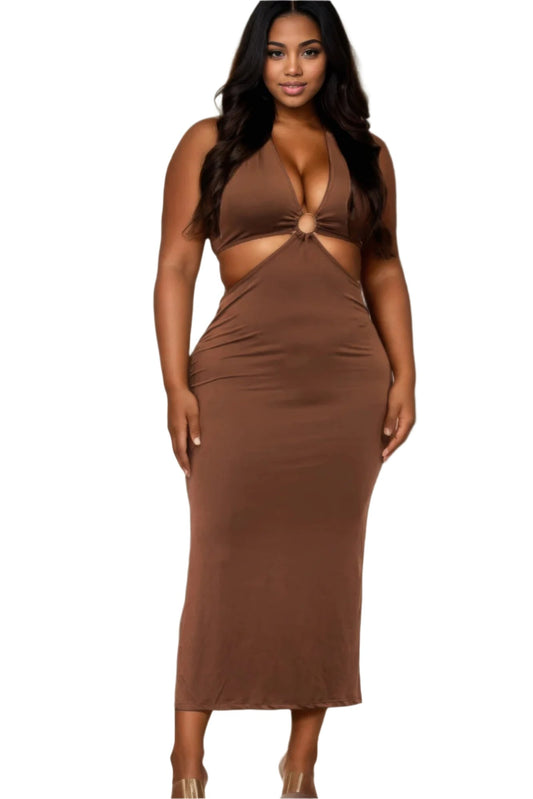 Plus Size Cut-out Halter Neck Double Back Tie Split Thigh Midi Dress - Nova Store