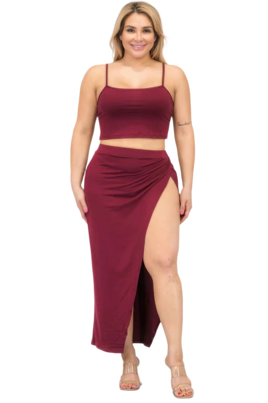 Plus Size Crop Cami & Split Thigh Maxi Skirt Set - Nova Store