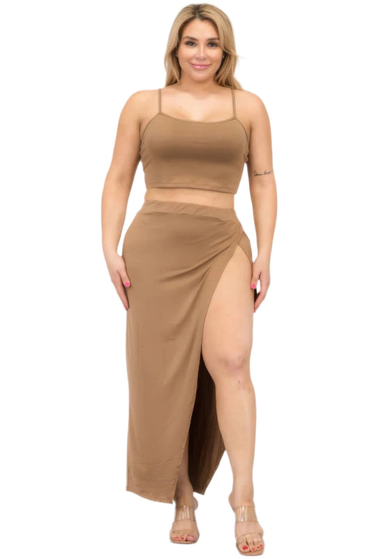 Plus Size Crop Cami & Split Thigh Maxi Skirt Set - Nova Store