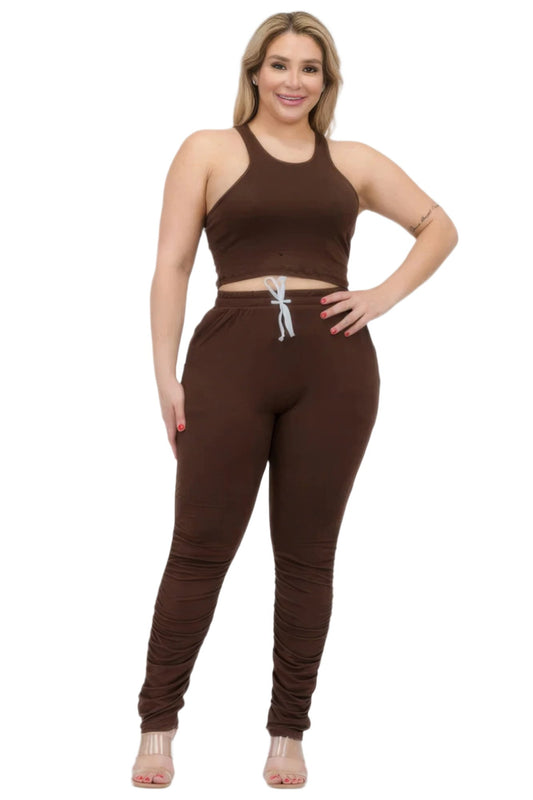 Plus Size Crop Tank Top & Ruched Pants Set - Nova Store