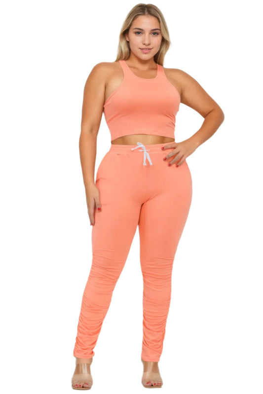 Plus Size Crop Tank Top & Ruched Pants Set - Nova Store