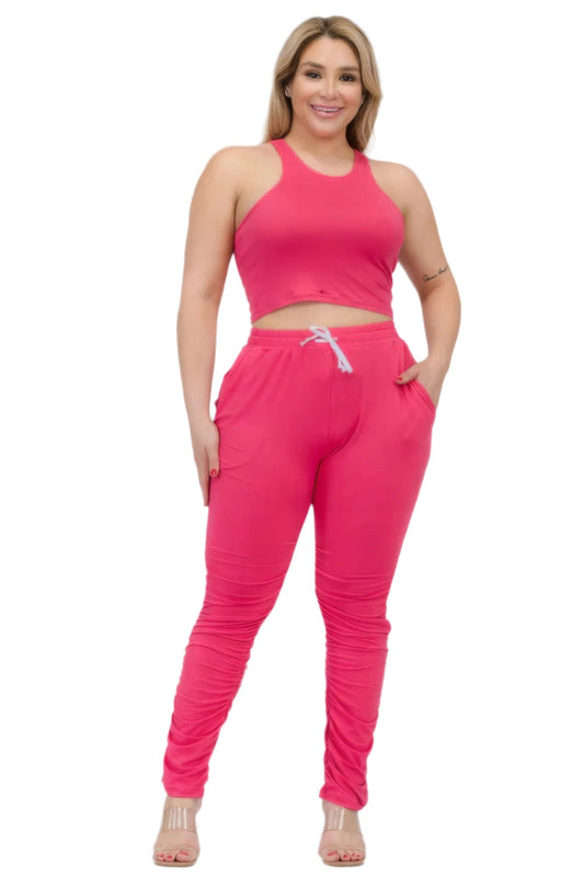 Plus Size Crop Tank Top & Ruched Pants Set - Nova Store