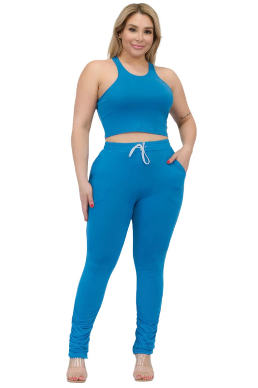 Plus Size Crop Tank Top & Ruched Pants Set - Nova Store
