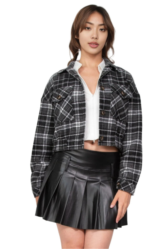 Plaid Button-down Crop Jacket - Nova Store