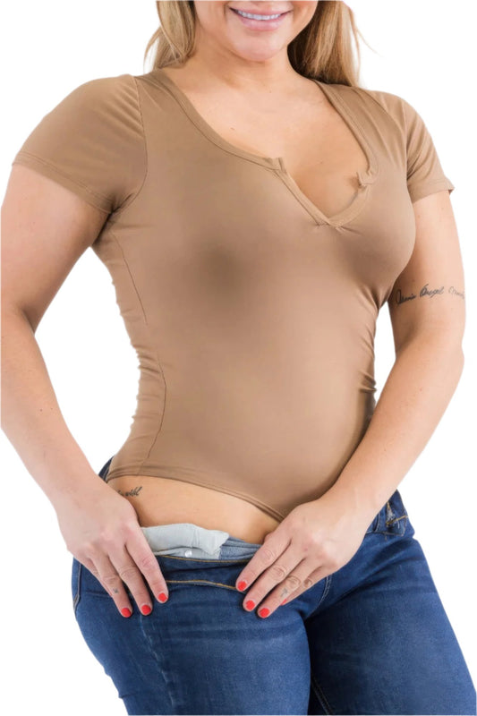 Plus Size Casual Split Neck Solid Short Sleeve Bodysuit - Nova Store