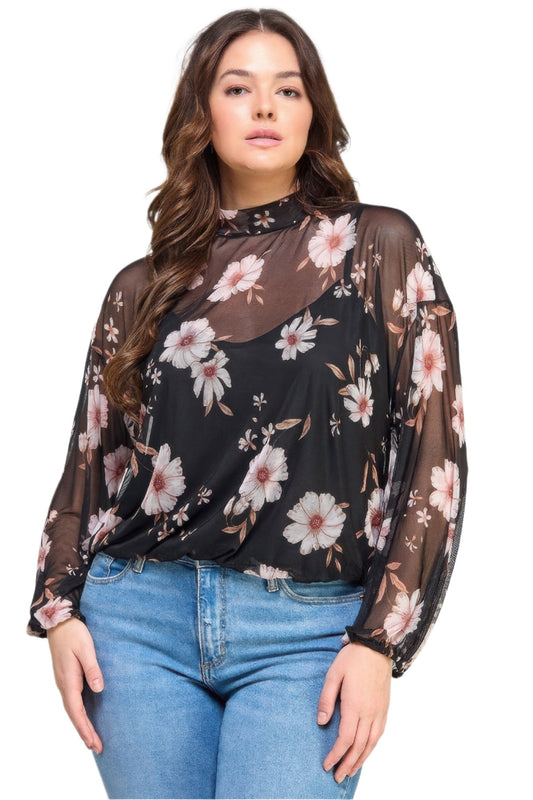 Mesh Floral Ls Top W/cami - Nova Store