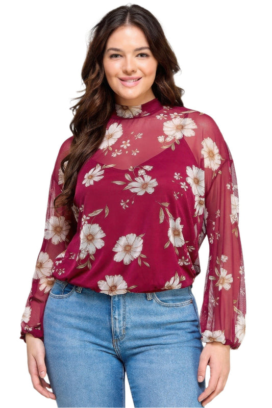 Mesh Floral Ls Top W/cami - Nova Store