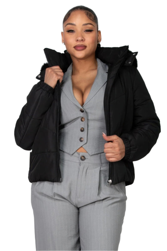 Insulated Zip-up Faux Fur Hooded Jacket - Nova Store