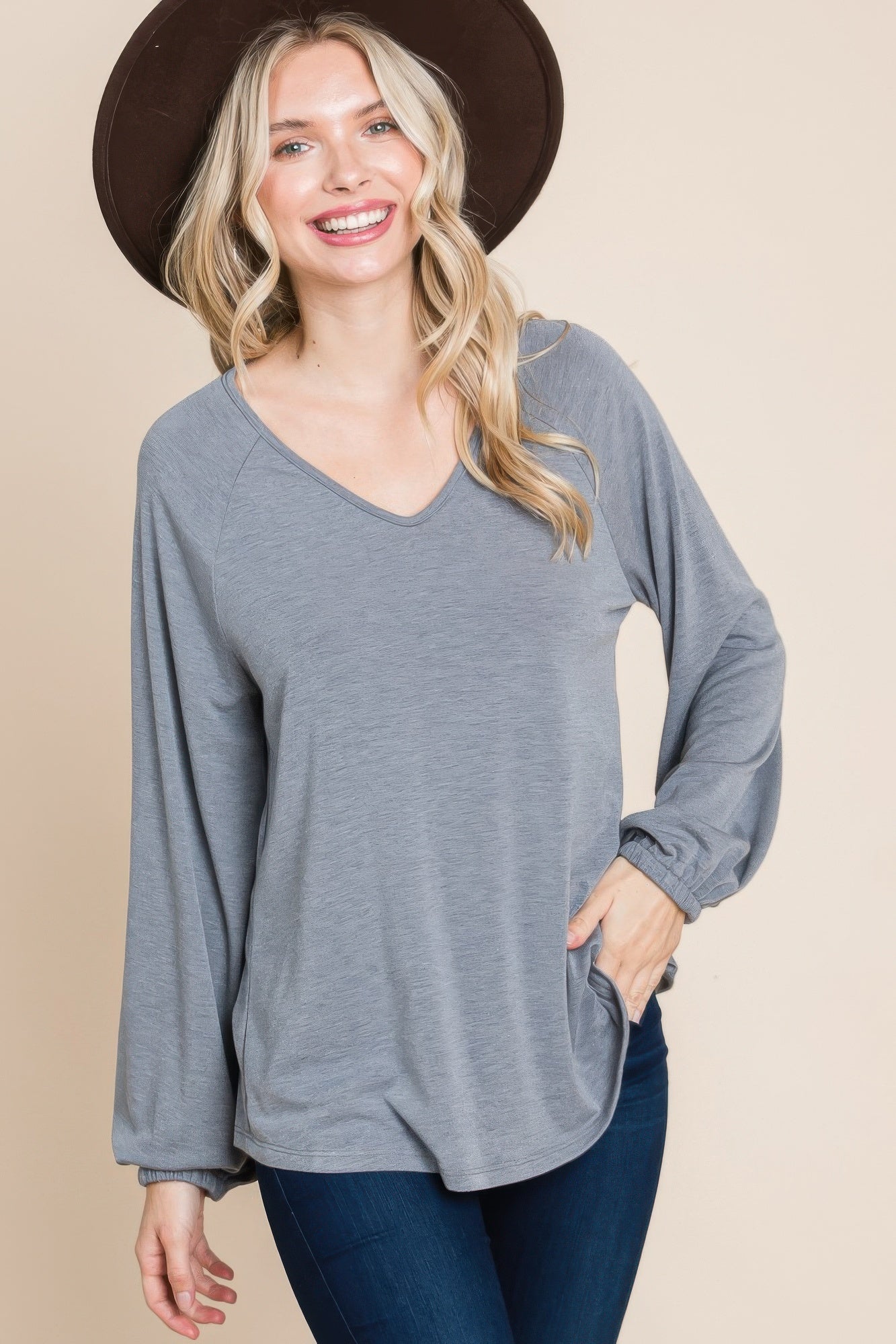 Casual V Neck Basic Long Sleeve Top - Nova Store