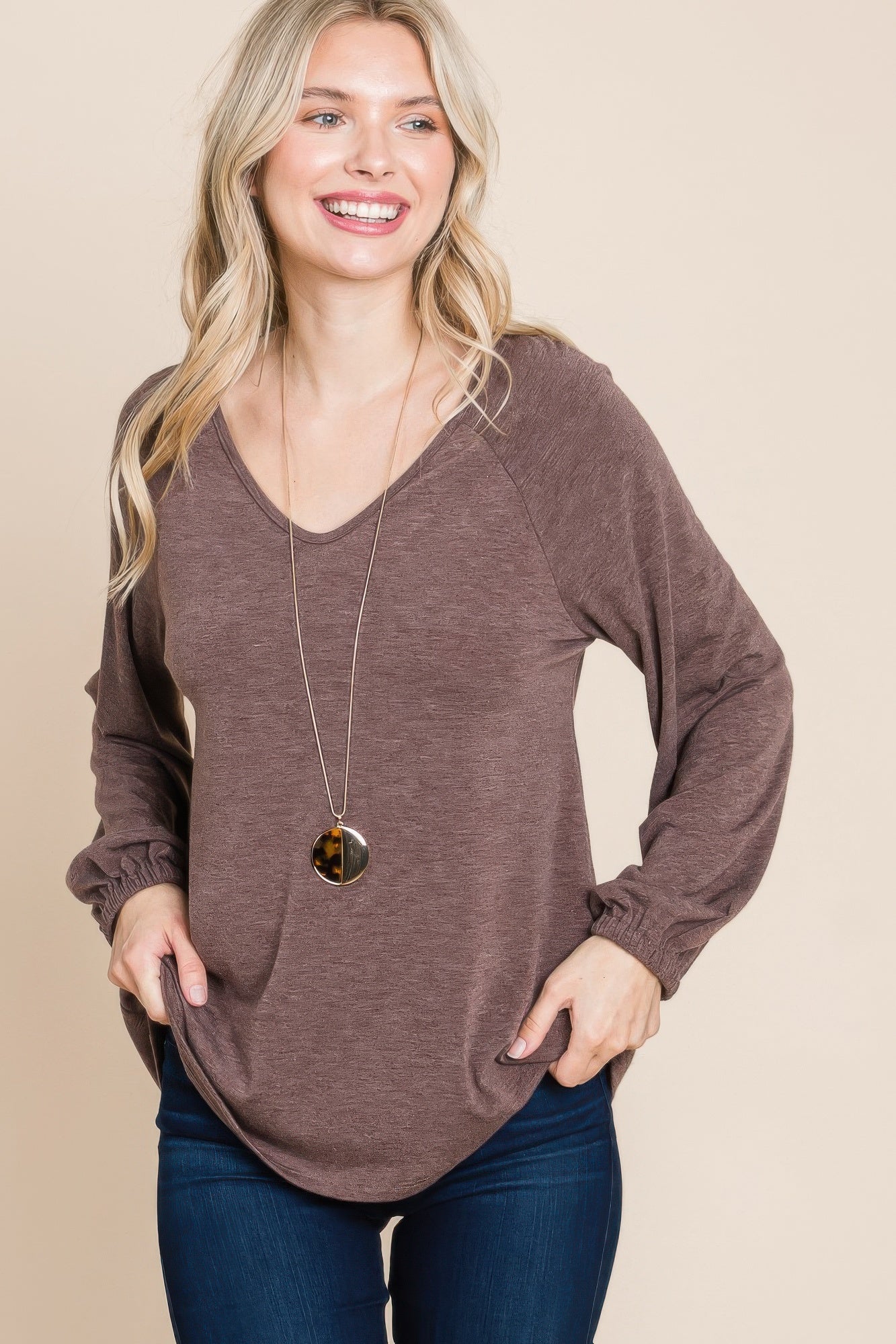 Casual V Neck Basic Long Sleeve Top - Nova Store