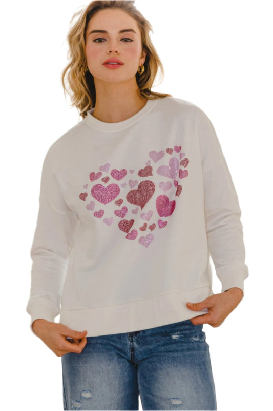 Hearts Hotfix Rhinestone Oversized Pullover - Nova Store