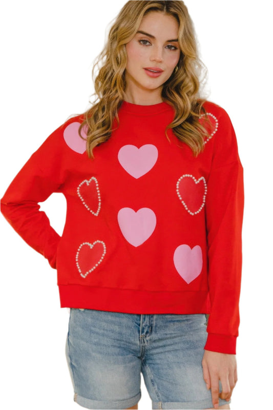 Heart Pattern With Pearl Embellished Sweatshirts - Nova Store