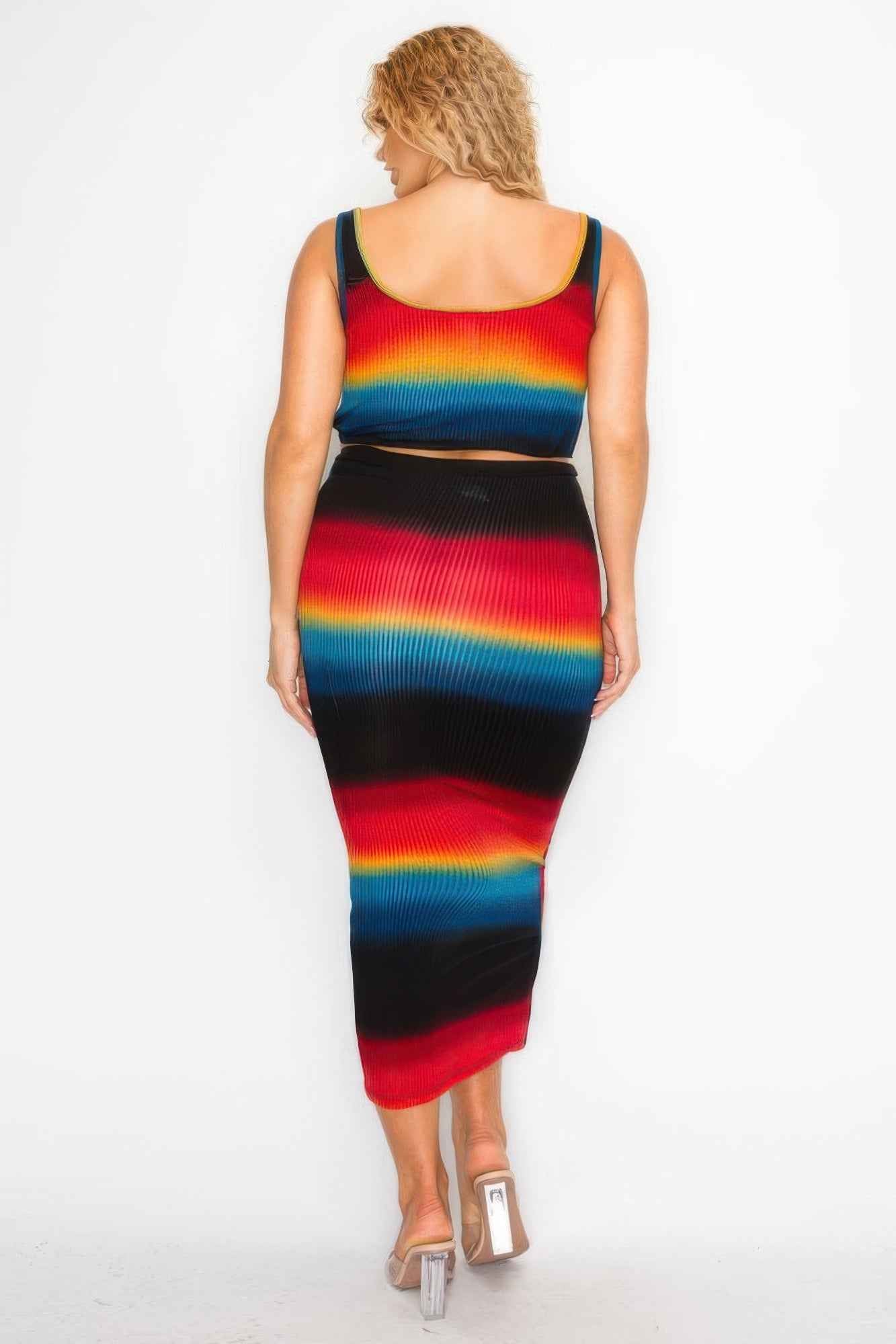 Plus Sleeveless Tie Dye Stripe 2 Piece Skirt Set