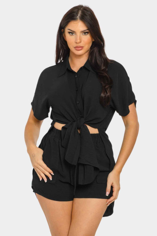Front Tie Back Oversized Slit Top And Shorts Set