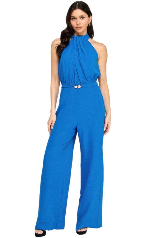 Halter Neck Pleated Top With Beaded Belt Jumpsuit